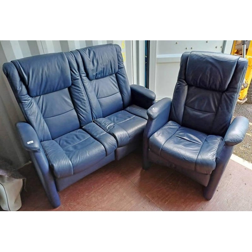 46 - BLUE LEATHER 2 SEATER SETTEE & MATCHING ARMCHAIR