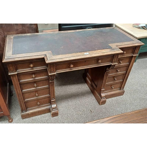 47 - LATE 19TH CENTURY OAK TWIN PEDESTAL DESK WITH LEATHER INSET TOP & 3 FRIEZE DRAWERS OVER 2 STACKS OF ... 