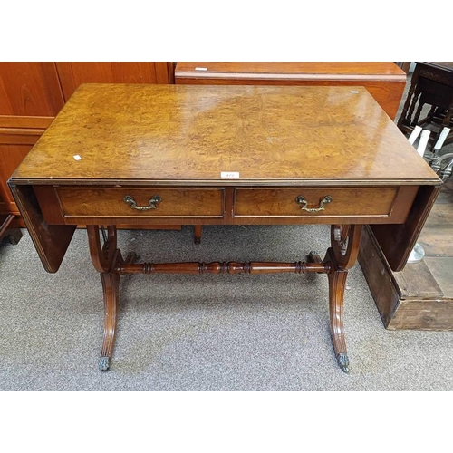 472 - INLAID BURR WALNUT SOFA TABLE WITH 2 DRAWERS & LYRE ENDS TERMINATING ON BRASS PAW FEET