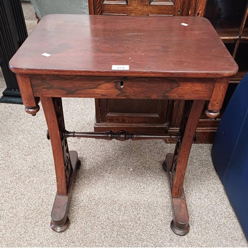 474 - 19TH CENTURY ROSEWOOD SEWING TABLE WITH SINGLE DRAWER WITH DECORATIVE CARVED ENDS