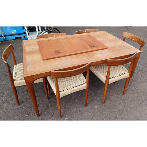 5 - TEAK RECTANGULAR EXTENDING DINING TABLE WITH SINGLE DRAW LEAF & SET OF 6 TEAK CHAIRS WITH ROPEWORK S... 