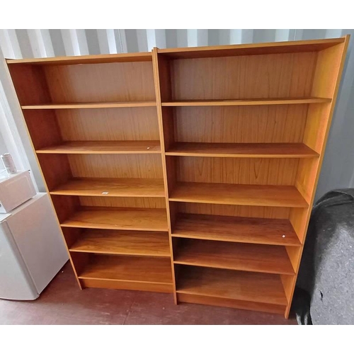 58 - PAIR OF TEAK OPEN BOOKCASES WITH ADJUSTABLE SHELVES, 190CM TALL X 90CM WIDE