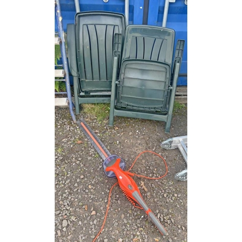 6010 - FLYMO EASICUT 600XT ELECTRIC HEDGE TRIMMER, 2 PLASTIC FOLDING GARDEN ARMCHAIRS, ETC.  - 4 PIECES