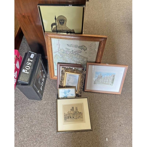 6122 - METAL POST BOX AND A SELECTION OF FRAMED PICTURES TO INCLUDE A COLOURED PICTURE OF BOOTHAM BAR YORK ... 