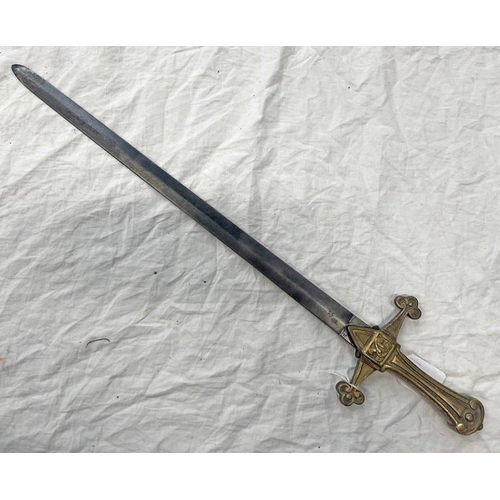 1064 - VICTORIAN BANDSMAN SWORD WITH 45CM LONG DOUBLE EDGED STRAIGHT BLADE WITH CHARACTERISTIC HILT