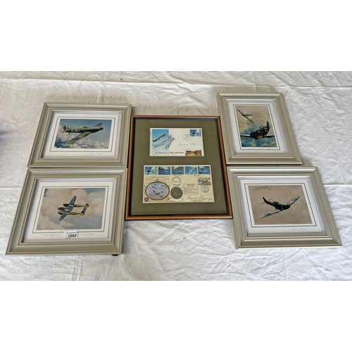1093 - 4 FRAMED PRINTS OF VARIOUS WARTIME AIRCRAFTS, SIGNED IN PENCIL BRIAN PERCH, TOGETHER WITH COMMEMORAT... 