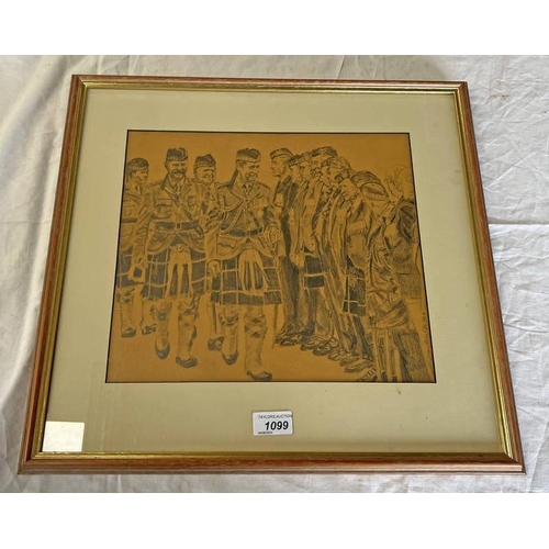 1099 - SUSAN RATCLIFFE 'PRINCE CHARLES ADDRESSING THE GORDON HIGHLANDERS SIGNED FRAMED PENCIL DRAWING 29CM ... 