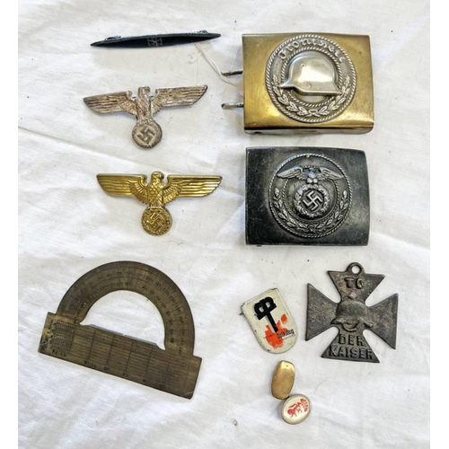 1115 - IRON KAISER CROSS, TWO WW2 STYLE BELT BUCKLES, INSTRUMENT SECTION WITH GERMAN MARKINGS TO REAR, BROO... 