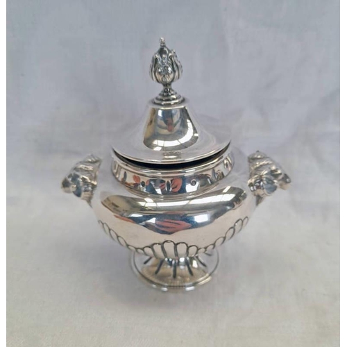 113 - VICTORIAN SILVER INKWELL WITH TWIN RAMS HEAD HANDLES & HALF FLUTED DECORATION BY JAMES HENNELL, LOND... 