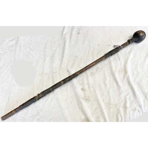 1158 - EARLY 20TH CENTURY ZULU KNOBKERRIE WITH GLOBULAR HEAD WITH WIRE BOUND SHAFT 88CM LONG