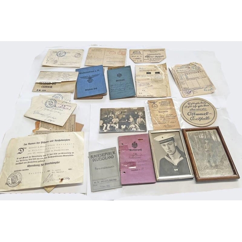 1166 - LARGE SELECTION OF WW2 GERMAN PAPERWORK TO INCLUDE SOLDIERS MEMBER PASS B & IPSNER 1936, HAND WRITTE... 