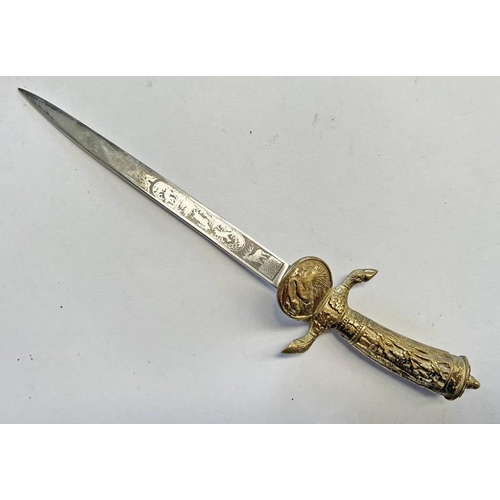 1168 - LETTER OPENER IN THE FORM OF A GERMAN HUNTING SWORD, BLADE ETCHED WITH HUNTING SCENE WITH ITS HEAVIL... 