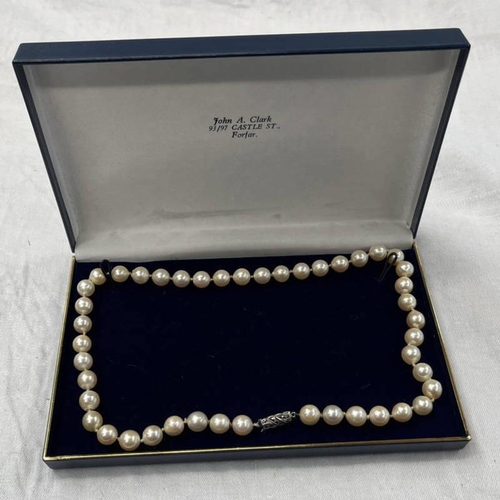 120 - CULTURED PEARL NECKLACE ON STERLING SILVER & MARCASITE CLASP - 48CM LONG, PEARLS 8.8MM