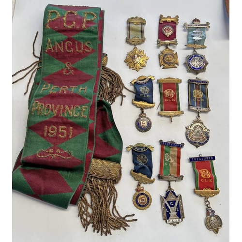 1217 - PCP ANGUS & PERTH PROVINCE MASONIC SASH ALONG WITH A SELECTION OF SILVER AND OTHER MEDALS TO INCLUDE... 