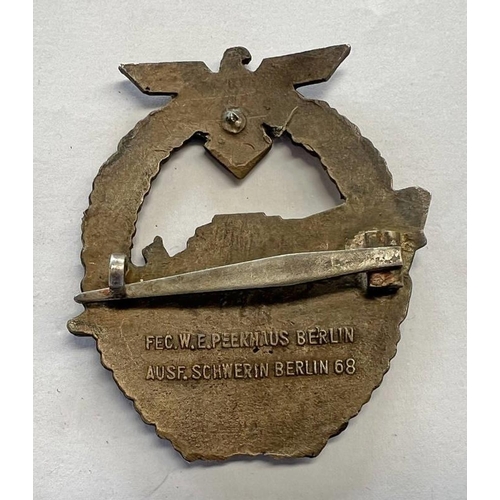 1256 - WW2 STYLE GERMAN E-BOAT BADGE MARKED FEC.W.E. PEEKHAUS BERLIN AUSF SCHWERIN BERLIN 68