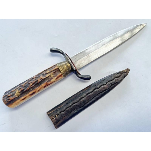 1268 - GERMAN STYLE BOOT KNIFE / HUNTING KNIFE WITH 12 CM LONG BLADE WITH RECURVED GUARD AND A STAG HORN GR... 