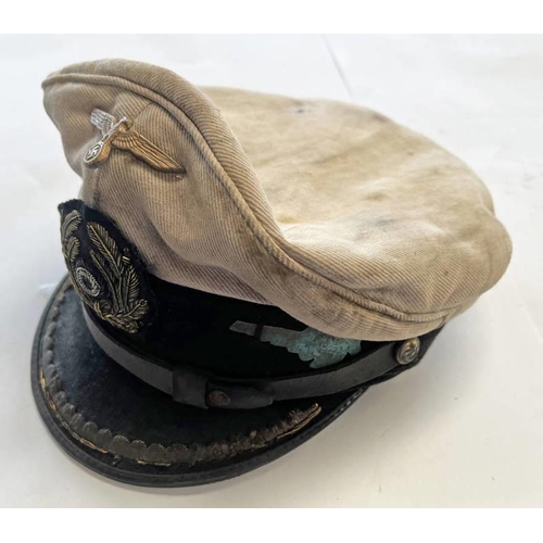 1272 - MUSEUM QUALITY AGED REPRODUCTION U BOAT HAT WITH BADGES ETC WITH NAME TO INTERIOR