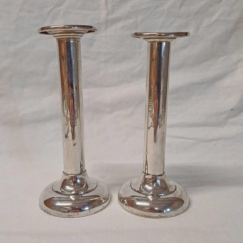 128 - PAIR STERLING SILVER CANDLESTICKS ON CIRCULAR BASES BY BIRKS - 19 CM TALL