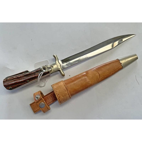 1293 - ANTON WINGEN JB SOLINGEN FOLDING BOWIE STYLE KNIFE WITH ITS 22CM LONG FOLDING BLADE WITH A LEATHER S... 