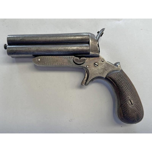 1300 - UNMARKED DERRINGER STYLE PISTOL WITH FOUR BARRELS, EXTRACTOR, BARREL RELEASE STUD, SIDE OF BODY STAM... 