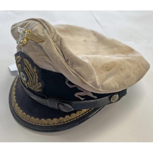 1303 - MUSEUM QUALITY AGED REPRODUCTION U BOAT HAT WITH BADGES ETC WITH NAME TO INTERIOR