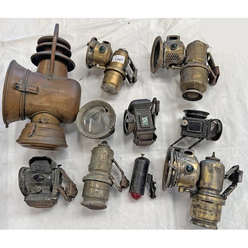 1307 - SELECTION OF VINTAGE BIKE / MOTOR BIKE LAMPS TO INCLUDE LUCAS, POWELL, ETC IN 1 BOX