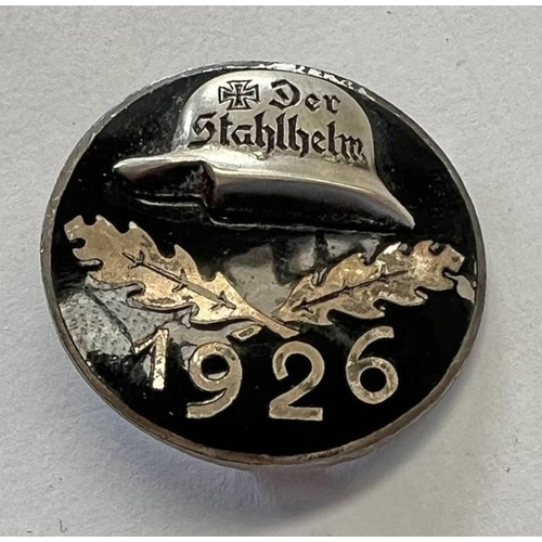 1313 - GERMAN THIRD REICH DER STAHLHELM 1926 BADGE, REAR MARKED GES GESCH, 23.3.26, VI NRH 2280