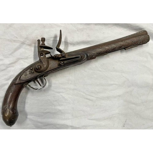 1326 - 19TH CENTURY 38 BORE INDIAN FLINTLOCK HOLSTER PISTOL WITH 27.3CM HEAVY OCTAGONAL BARREL WITH SILVER ... 