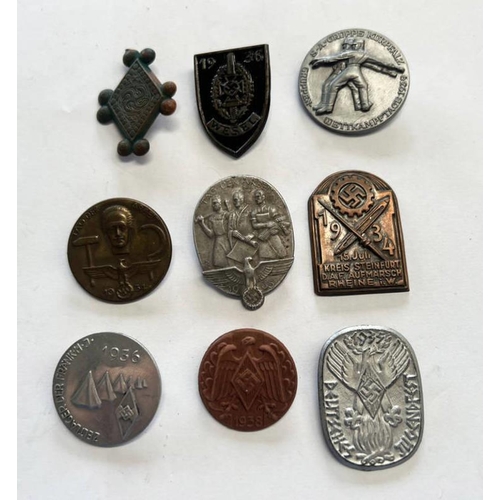 1331 - WW2 GERMAN THIRD REICH TINNIES / BADGES TO INCLUDE 1936 WESEL, 1934 TAG DER ARBEIT ZELTLAGER DER FRA... 