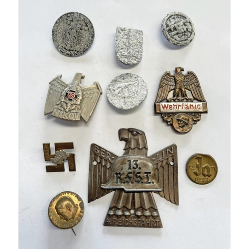 1337 - WW2 STYLE GERMAN THIRD REICH STYLE TINNIES / BADGES TO INCLUDE A WEHRFAHIG FIT FOR SERVICE BADGE, NS... 