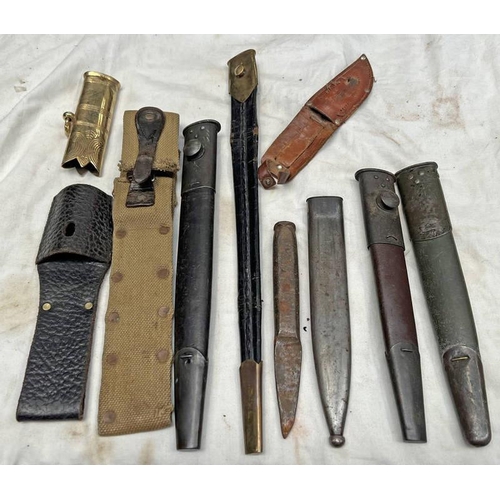 1351 - SELECTION OF BAYONET SCABBARDS, LEATHER FROG, ETC IN 1 BOX