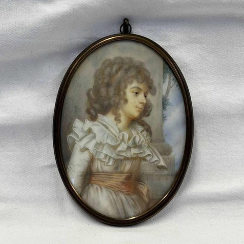 136 - 19TH CENTURY GILT OVAL FRAMED MINIATURE OF A YOUNG LADY IN A WHITE DRESS & PEACH SASH - 13.5 X 9.5 C... 