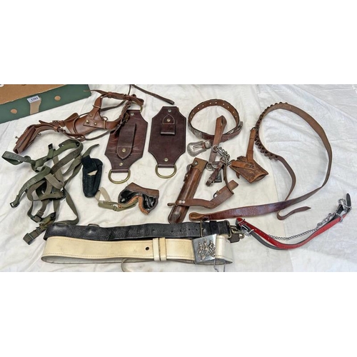 1393 - LEATHER BELT, LEATHER SAM BROWNE SWORD HANGER, CARTRIDGE BELT, WHITE LEATHER ARMY BELT WITH BUCKLE, ... 