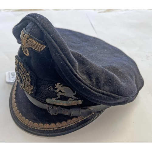 1403 - MUSEUM QUALITY AGED REPRODUCTION U BOAT HAT WITH BADGES ETC, WITH NAME TO INTERIOR