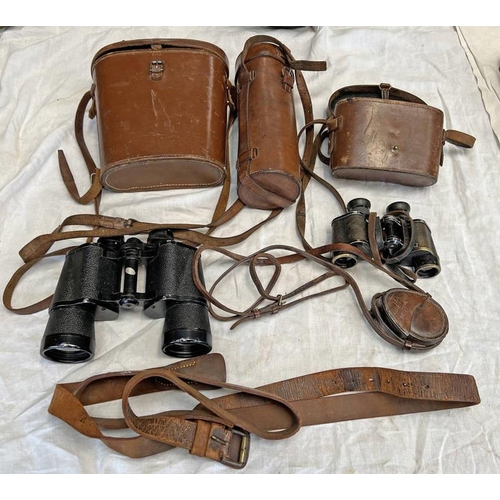 1404 - CARL ZEISS JENA BINOCULARS IN LEATHER CASE, EMPTY LEATHER BINOCULARS CASE, EMPTY LEATHER MARCHING CO... 