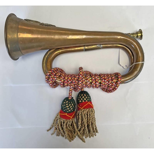 1405 - COPPER & BRASS BUGLE WITH 23 ROYAL WELSH FUSILIER'S BADGE TO BODY & A CORD, 29CM LONG