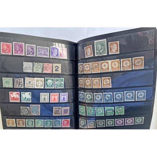 1412 - THIRD REICH STAMP ALBUM WITH A LARGE SELECTION OF THIRD REICH STAMPS, WAFFEN SS STAMPED BANK NOTES, ... 