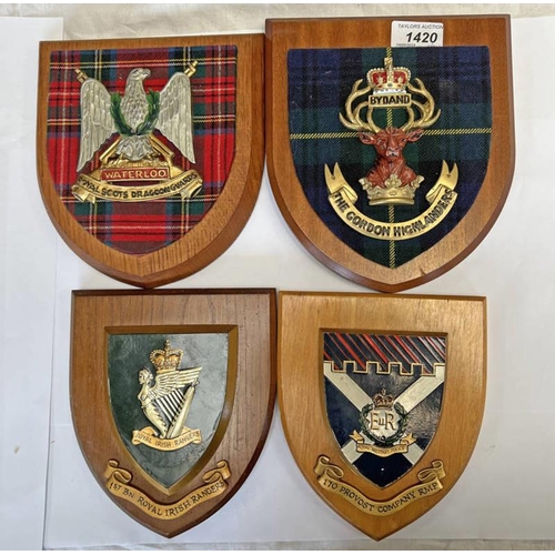 1420 - 4 SHIELD CRESTS - GORDON HIGHLANDERS, ROYAL SCOTS DRAGOON GUARDS, 1ST BN ROYAL IRISH RANGERS & 1 OTH... 