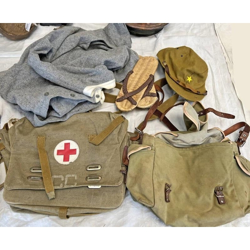 1422 - ARMY MEDICAL BAG, WOOLLEN (GREY/BLUE) SHIRT, SPORTING BAG, ETC