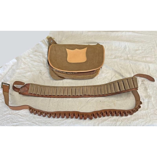 1432 - BRADY HAND SEWN CARTRIDGE BELT, LEATHER CARTRIDGE BELT & A SPORTING / FISHING BAG -3-