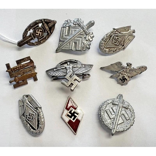 1436 - WW2 STYLE BADGES TO INCLUDE NSFK BADGE, 1936 AND 1937 HITLER JUGEND SPORTS BADGES ETC.