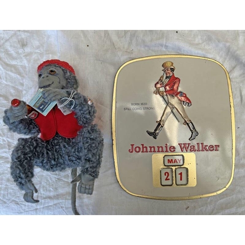 1437 - JOHNNIE WALKER METAL ADVERTISING CALENDAR & A TOY MONKEY WITH WORTHINGTONS INDIA PALE ALE & CAPSTAN ... 