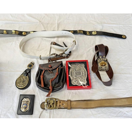 1438 - LEATHER SPORRAN / POUCH, ARMY BELT, BELT WITH TIGERS EYE BUCKLE, DEPARTMENT OF PUBLIC SAFETY OHIO AG... 