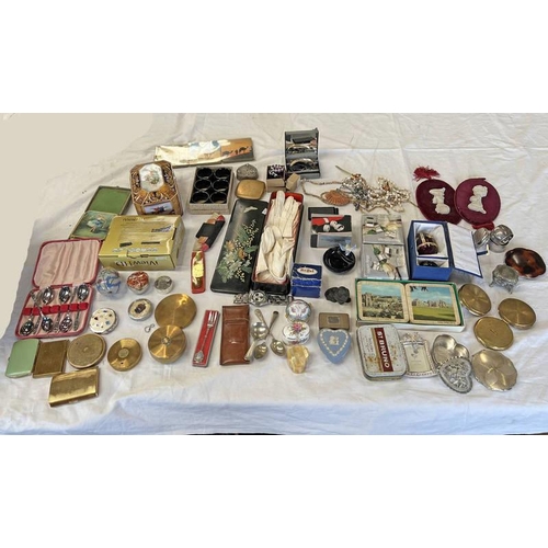 1449 - NAPKIN RINGS, COSTUME JEWELLERY, LADIES GLOVES, WRISTWATCH, PORCELAIN, COMPACTS, ETC IN 1 BOX