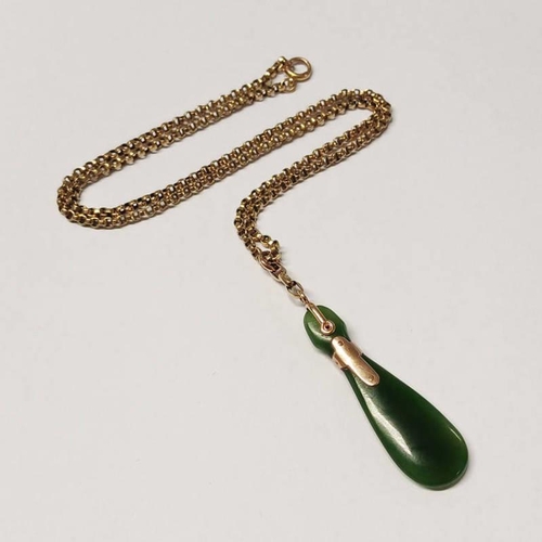 145 - 9CT GOLD CHAIN NECKLACE WITH GOLD NEPHRITE PENDANT - CHAIN 8.9G, 48.5CM LONG, PENDANT 7CM LONG INCLU... 
