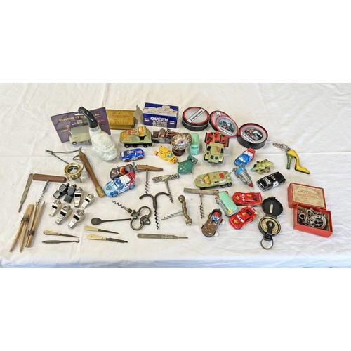 1458 - VARIOUS CORK SCREWS, TOY CARS, EDDIE STOBART COASTERS, WHISTLES, ENGINEER COMPASS IN 1 BOX