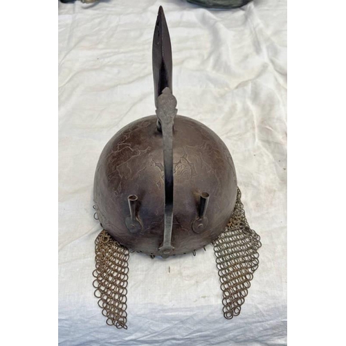 1459 - INDIAN KHULA KHUD/ HELMET, STEEL SKULL DECORATED WITH COUNTY SCENES AND FOLIAGE, SPIKE FINIAL WITH C... 