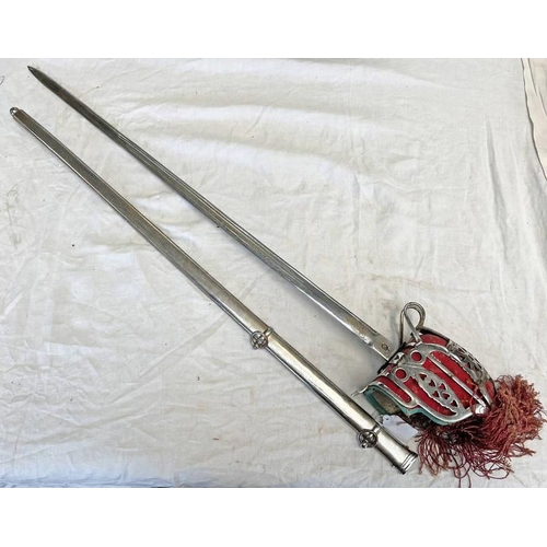 1474 - SCOTTISH BASKET HILTED SWORD WITH 79.5 CM LONG BLADE WITH FULLERS AND ETCHING TO INCLUDE CROWNED VR ... 