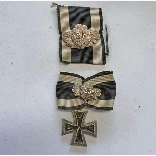 1481 - MINIATURE IRON CROSS 1870 WITH OAK LEAVES AND JUBILEE NUMBER 25 TO BOTH RIBBONS