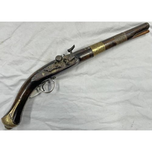 1483 - 18 BORE NORTH AFRICAN SNAPHAUNCE PISTOL WITH 30.8CM LONG TWO STAGE BARREL ENGRAVED INLAID BRASS AND ... 